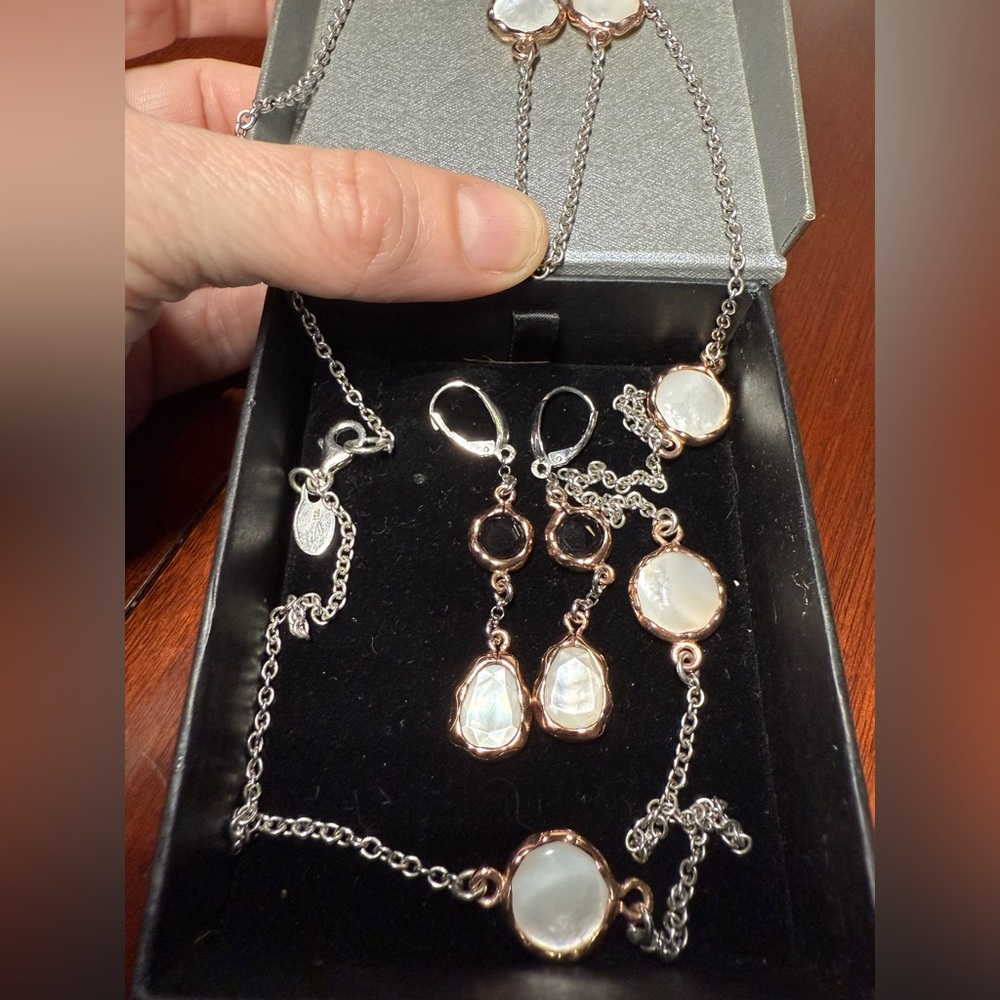 Frederic Duclos sterling Silver, rose Gold, mother of pearl earrings & necklace.